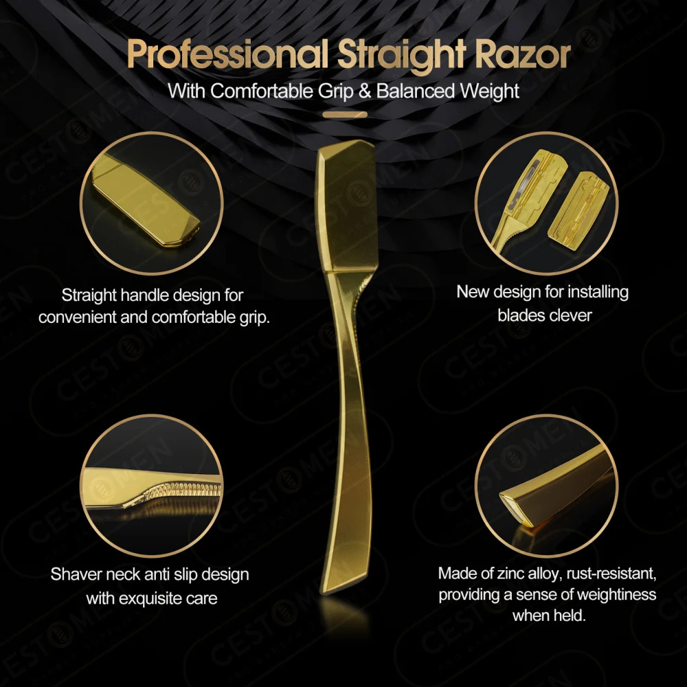 CestoMen Long Handle Unfoldable Men\'s Shaving Razor Electroplated Gold Single Bladed Barber Straight Edge Razor for Barbershop