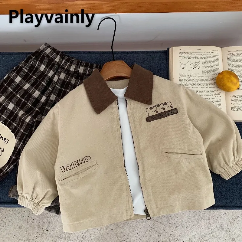 

2025 New Spring Autumn Korean Style Children Jacket Khaki Turn-down Collar Zipper Coats Kids Girls Boys Casual Outerwear A5536