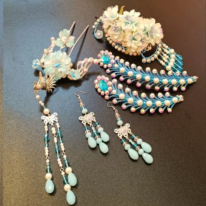 Delicado vintage chinês han traje headwear ópera chinesa, huangmei, ópera comantonesa, phoenix cauda colorido esmalte conjunto cocar