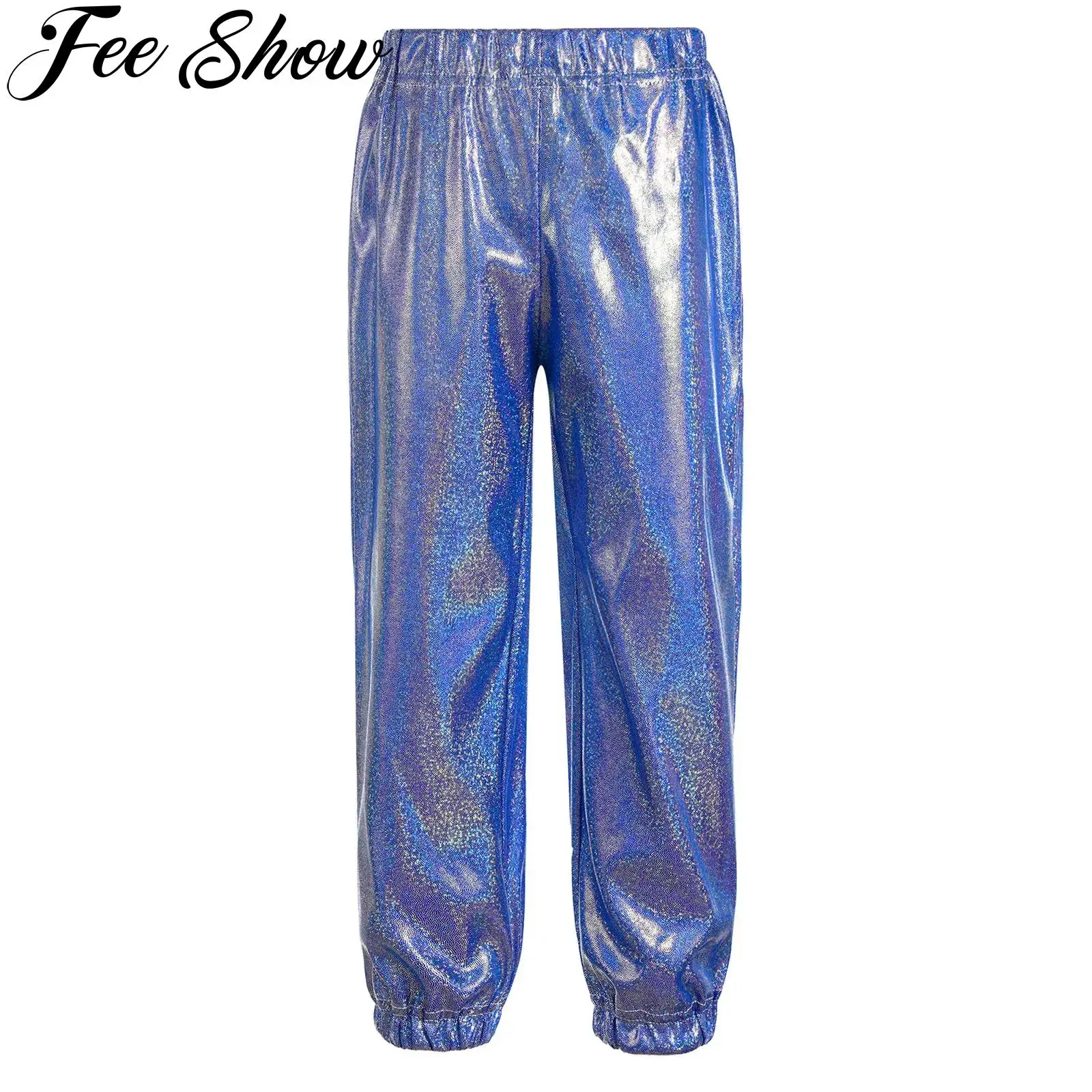 Kids Girls Boys Glittery Metallic Pants Shiny Elastic Waistband Trousers Children Dancewear Jazz Dance Stage Performance Costume