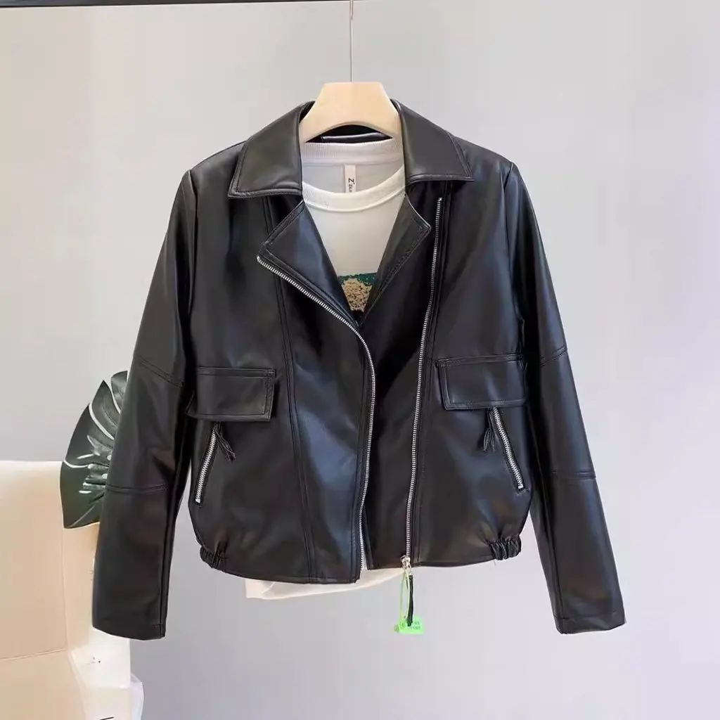 แจ็คเก็ตหนังสไตล์เกาหลีทรงหลวมแบบสั้น ปกพับได้ หนัง PU ลุคเท่ห์สไตล์ยุโรปอเมริกัน สำหรับผู้หญิง