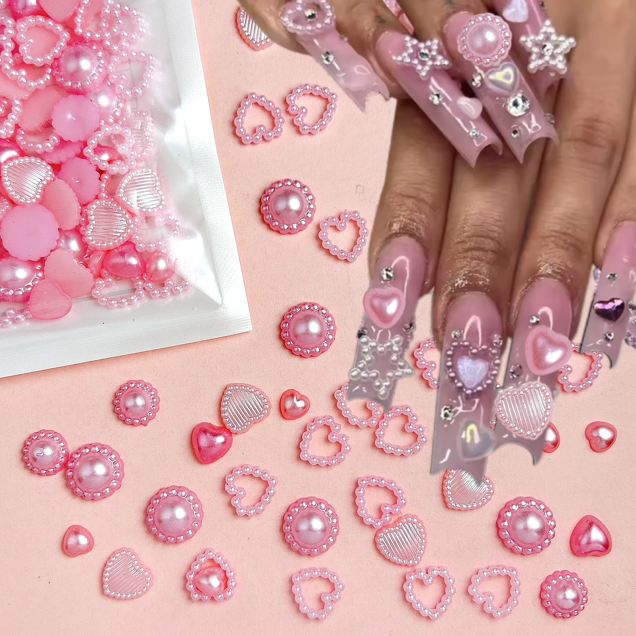 50PCS 미니멀리스트 솔리드 컬러 해바라기 라운드 네일 매력 현실적인 인공 진주 플랫 바닥 하트 네일 아트 장식 DIY