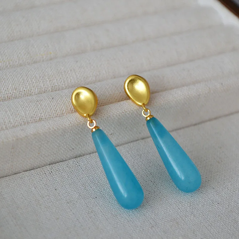 

Classic Niche Design Simple Retro Brass Ancient Method Gold-plated Blue Water Drop Natural Stone Temperament Earrings