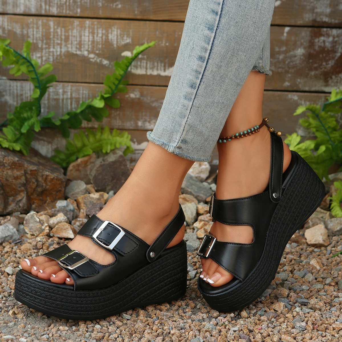 الصيف أنيقة جولة تو مثير مشبك إسفين كعب سميك سوليد الصنادل المألوف أفضل بيع جديد مريح زائد حجم الصنادل