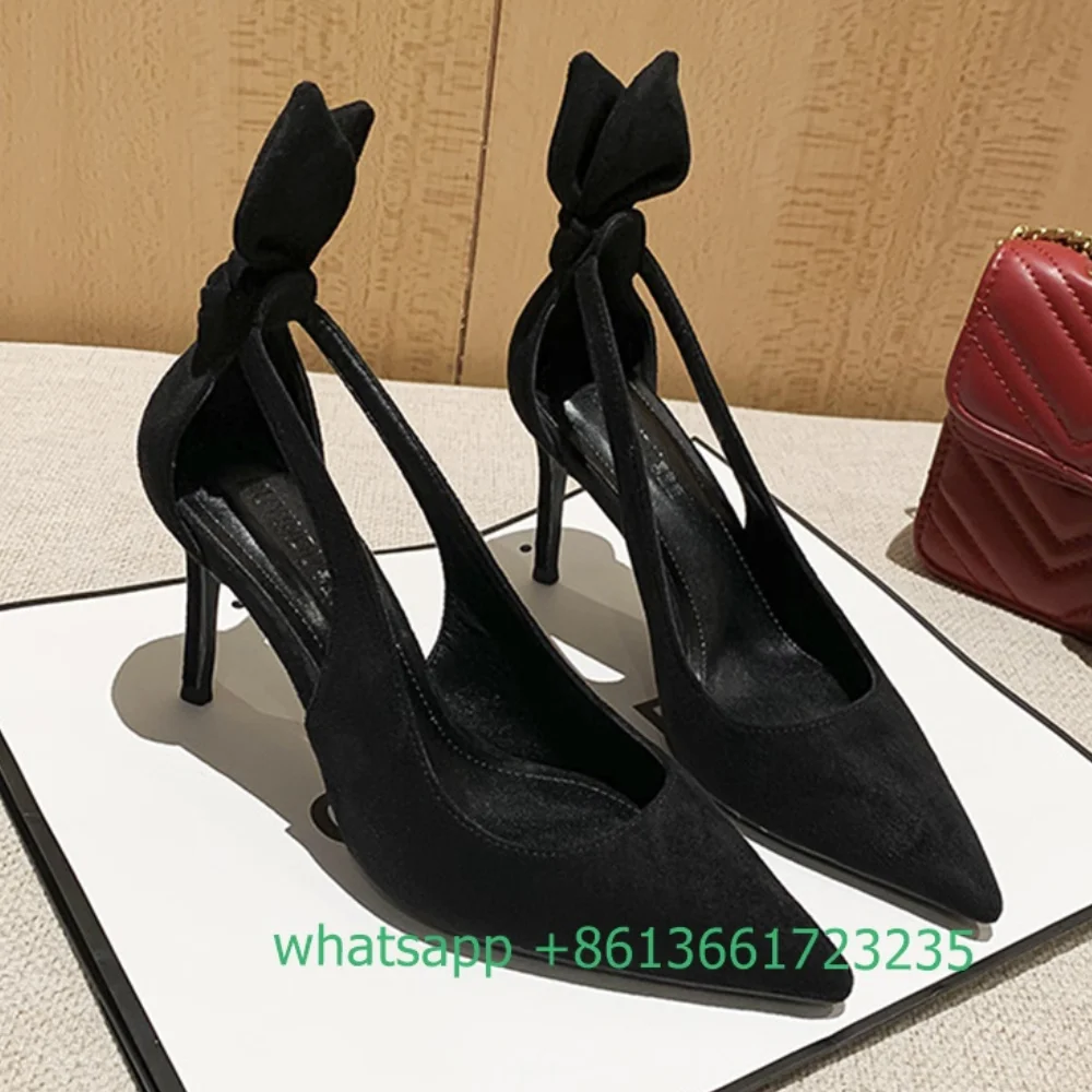 2024 New Bunny Ears High Heels Suede Stiletto Heel Pointed Toe Pumps 8cm Heel Black Nude Shallow Shoes Women Fashion Sexy Pumps