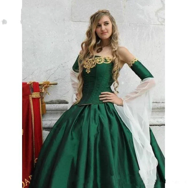 customized 2025 Gothic  Strapless Halloween Bridal Gowns Long Sleeves Floor Length Corset Back Satin Hunt Green Embroidery