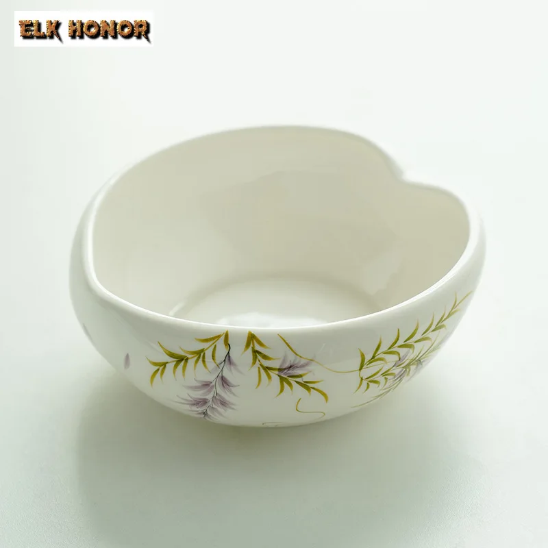 900ml Pure Handpainted Wisteria Flower Tea Washing Basin Creative Heart Shaped Water Bowl Fruit Snack Holder Jian Shui Teaware