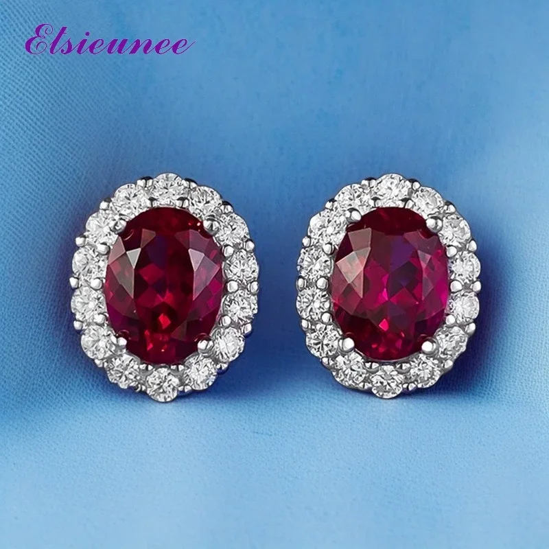 

ELSIEUNEE Vintage 925 Sterling Silvert 6*8mm Oval Cut Ruby Sapphire Gemstone Stud Earrings Cocktail Party Fine Jewelry for Women