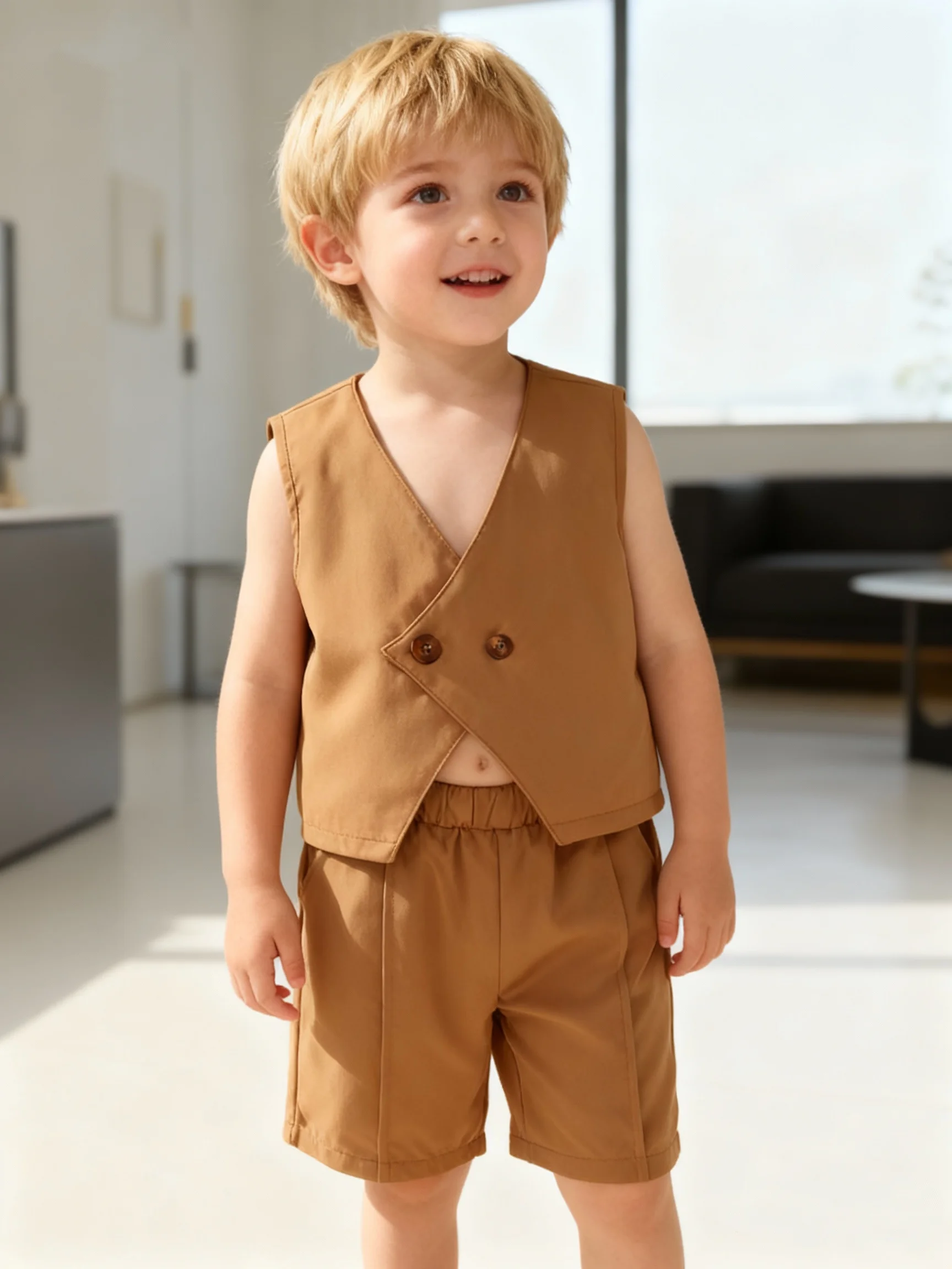 Zweiteilige Sommer-Jacke für Jungen, einfarbig, ärmellos, lässige Shorts, vielseitiger, modischer Gentleman-Anzug