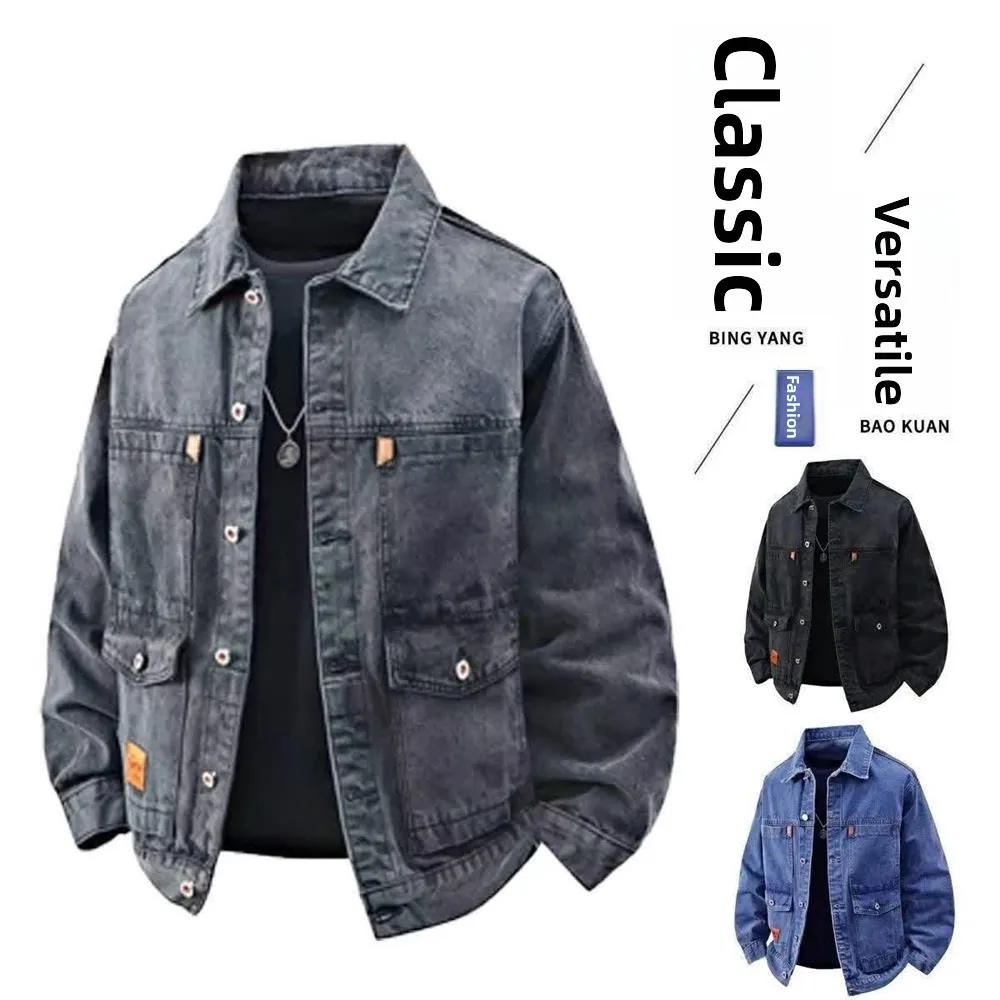 Wear-Resistant Men's Denim Jacket for Work Construction Site Autumn Winter Long Sleeve Loose Fit Youthful Style Single Button