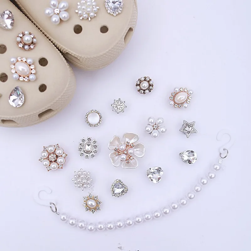 15Pcs Fashion Shoe Charms Set for Sandals Clogs DIY Accessories Rhinestone Pearl Chain Personalized Shoes Decoration for Women