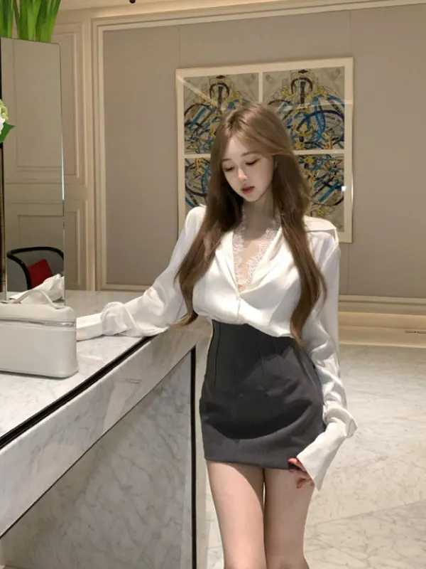 

Fashionable Shirt And Skirt Set High Waist Skirt Wrap Bodycon Style Two Piece Suit Women's Autumn Collection Elegant