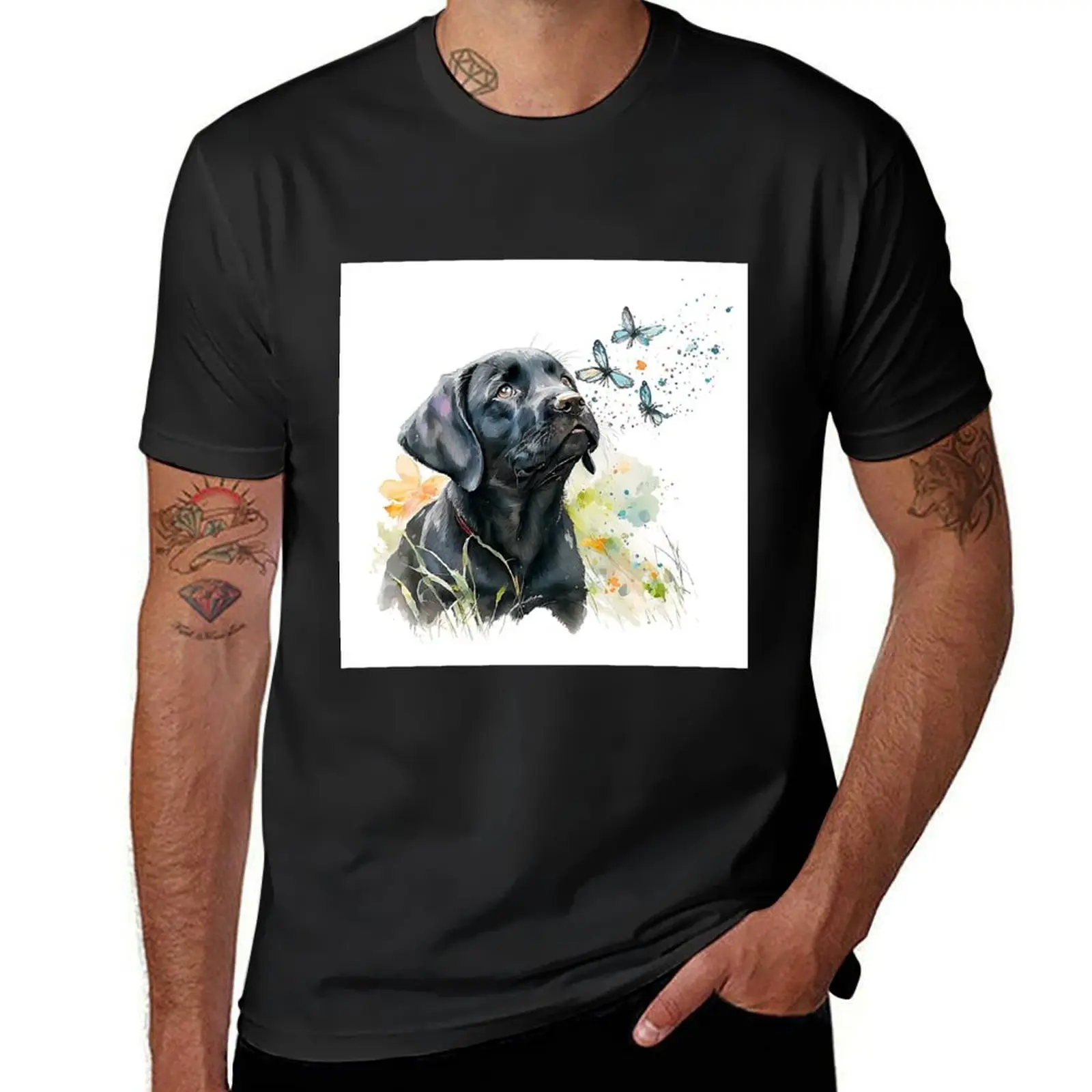 Watercolor Black Labrador Puppy Playing With Butterflies Illustration T-Shirt korean fashion sweat Blouse funny t shirts for men