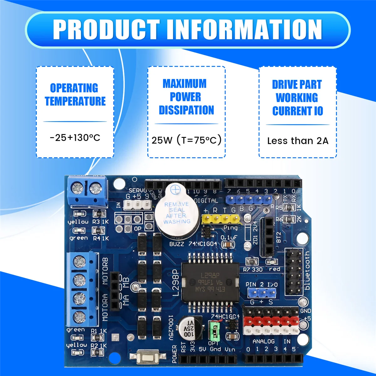 B57AL298P DC Motor Drive Board Module L298P DC Motor Drive Shield Board Module 2A Dual H-Bridge 2 Way for Arduino UNO R3