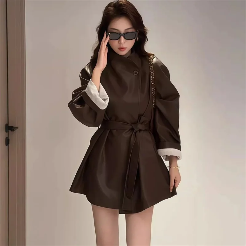 Chaqueta de cuero negra dulce y fresca para mujer, abrigo cortavientos de piel sintética ajustado con temperamento, Top medio largo para primavera y otoño