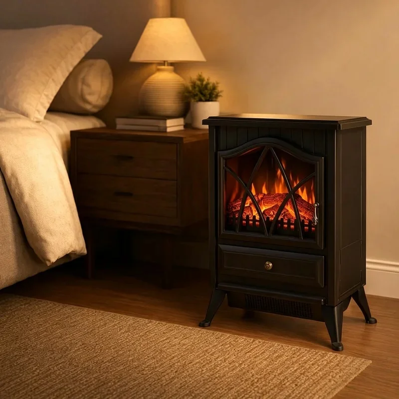 Freestanding Electric Fireplace Heater with Realistic Flame And Glowing Log Portable Space Heater Featuring Overheat Protection