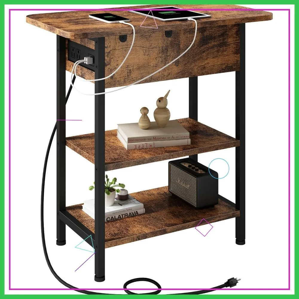 

Приставной столик с откидной крышкой и зарядной станцией, USB-портами и розетками, полка для хранения для спальни, гостиной, коричневый