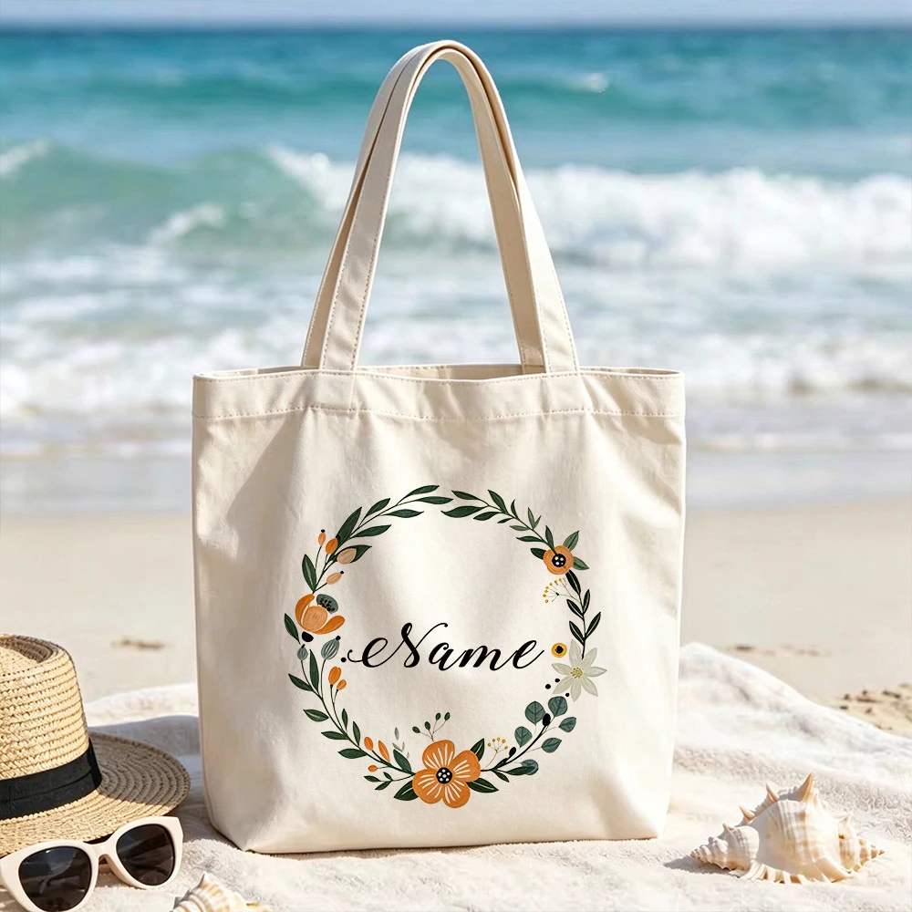 Personalized Floral Wreath Canvas Tote Bags Custom Names Orange Flower Botanicals Grocery Shopping Bags Reusable for Women Gifts 4