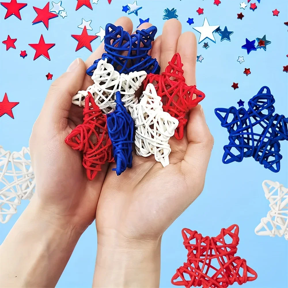 30pcs 4th of July Star Rattan Decoration Red Blue White Stars for 4th of July Independence Day Home Decor DIY Craft