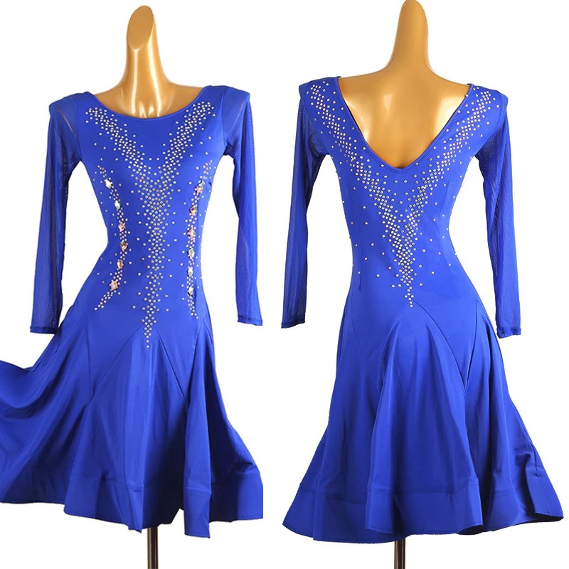 

High End Latin Dance Dress For Women Blue Long Sleeved Rhinestones Dress Chacha Rumba Tango Adult Female Latin Competition Dress