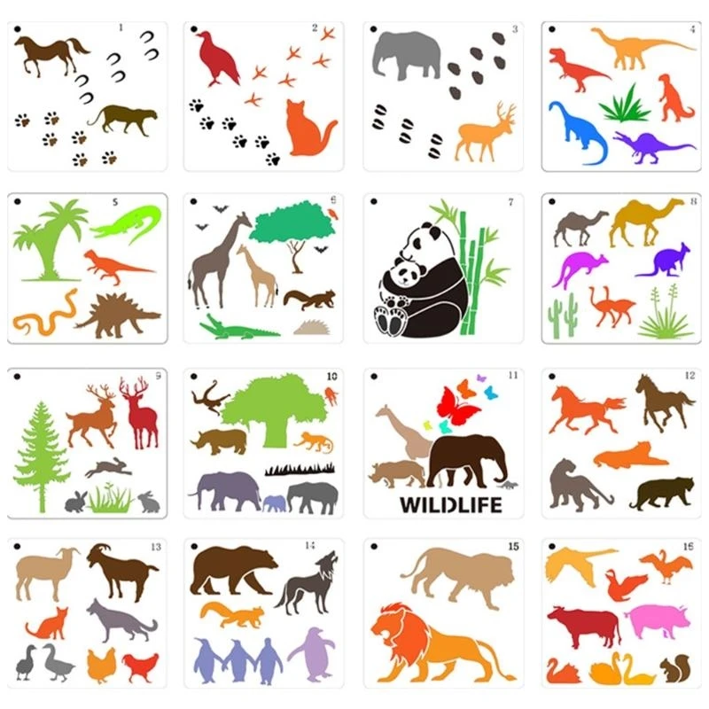 Pack of 16 Animal Drawing Graffiti Template Set Stencil Set