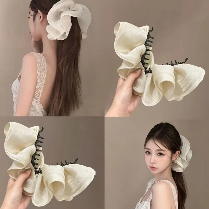 1Pc Elegant Tulle Cloud Flowing Floral Bud Hair Clip Chiffon Ruffled Edge Banana Clip Headwear Extra Large High V Hair Accessory