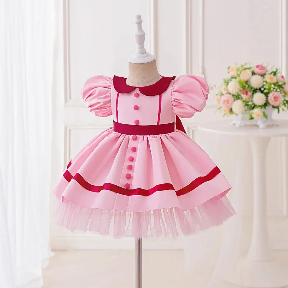 Girls Pink Satin Dress Puff Sleeve Button Decor Layered Tulle Hem Skirt Toddler Birthday Baptism Flower Girl Formal Dress ASQ03