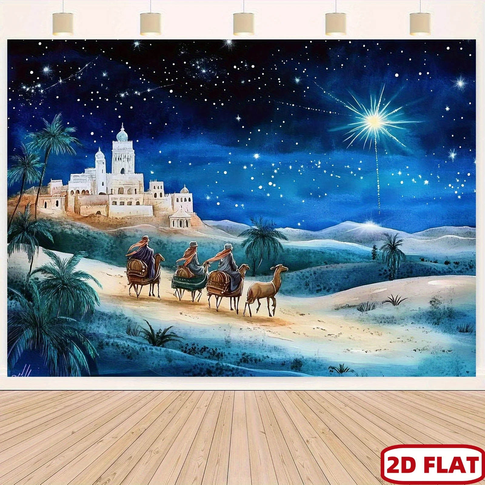قطعة واحدة من لافتة ميلاد عيد الميلاد - ثلاثة رجال حكماء يبعون نجمة بيثليهيم، مع خلفية من السماء المرصعة بالنجوم والمناظر الطبيعية الصحراوية #4