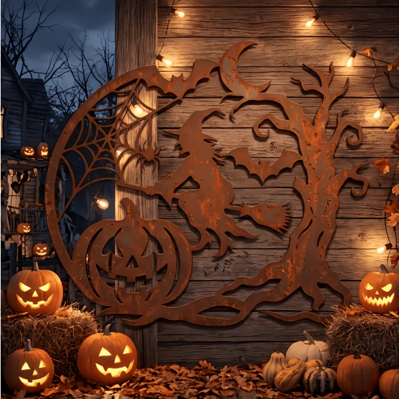2D Flat Retro Rust Colored Metal Wall Decor 1pc Halloween Round Hollow Pumpkin Witch Dead Tree Bat Moon Silhouette Pendant