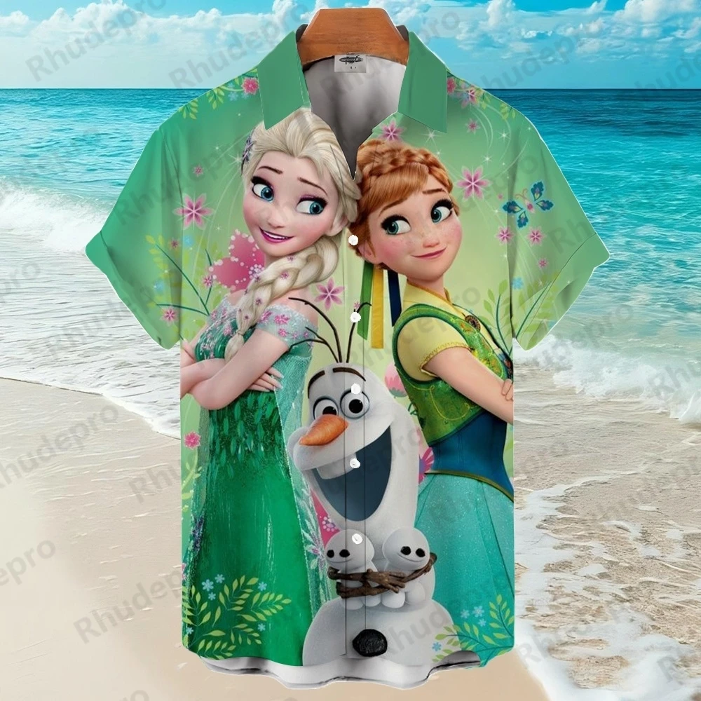 

Disney 2025 Summer Casual Princess Elsa Frozen Shirts Men Women Hawaiian Short Sleeve Shirt Casual Boys Clothe Girls Shirts