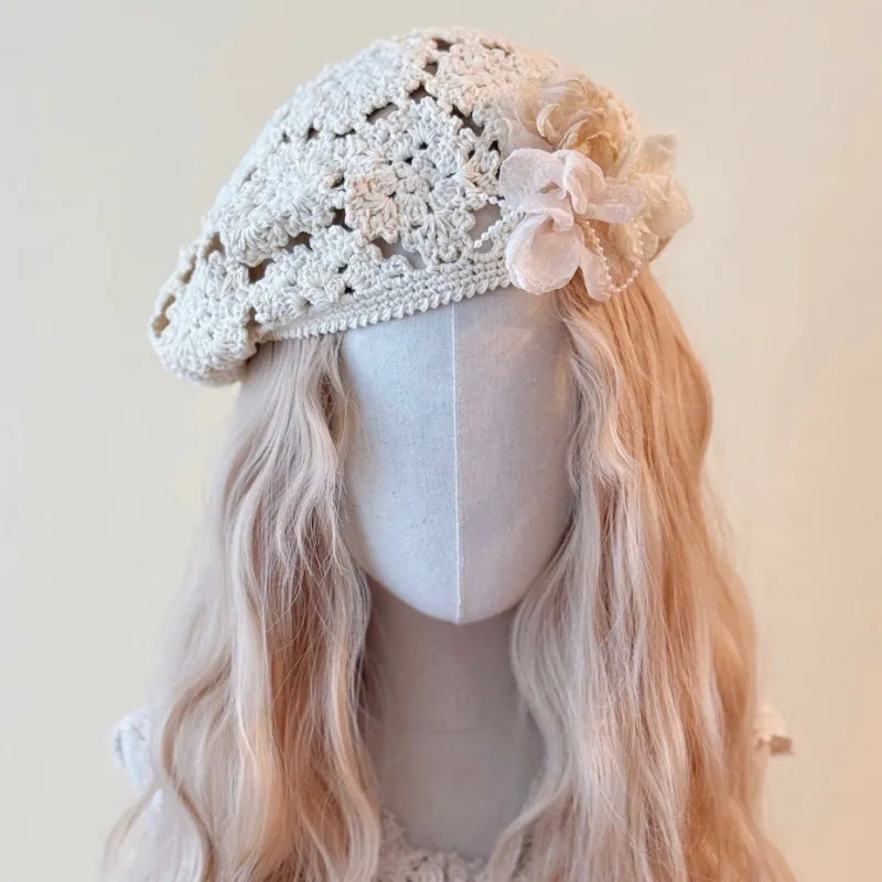 

Original Handmade Silk Flower Lace Crochet Beret Ethnic Style Bohemian Wandering Style Retro Beige Hat for Women