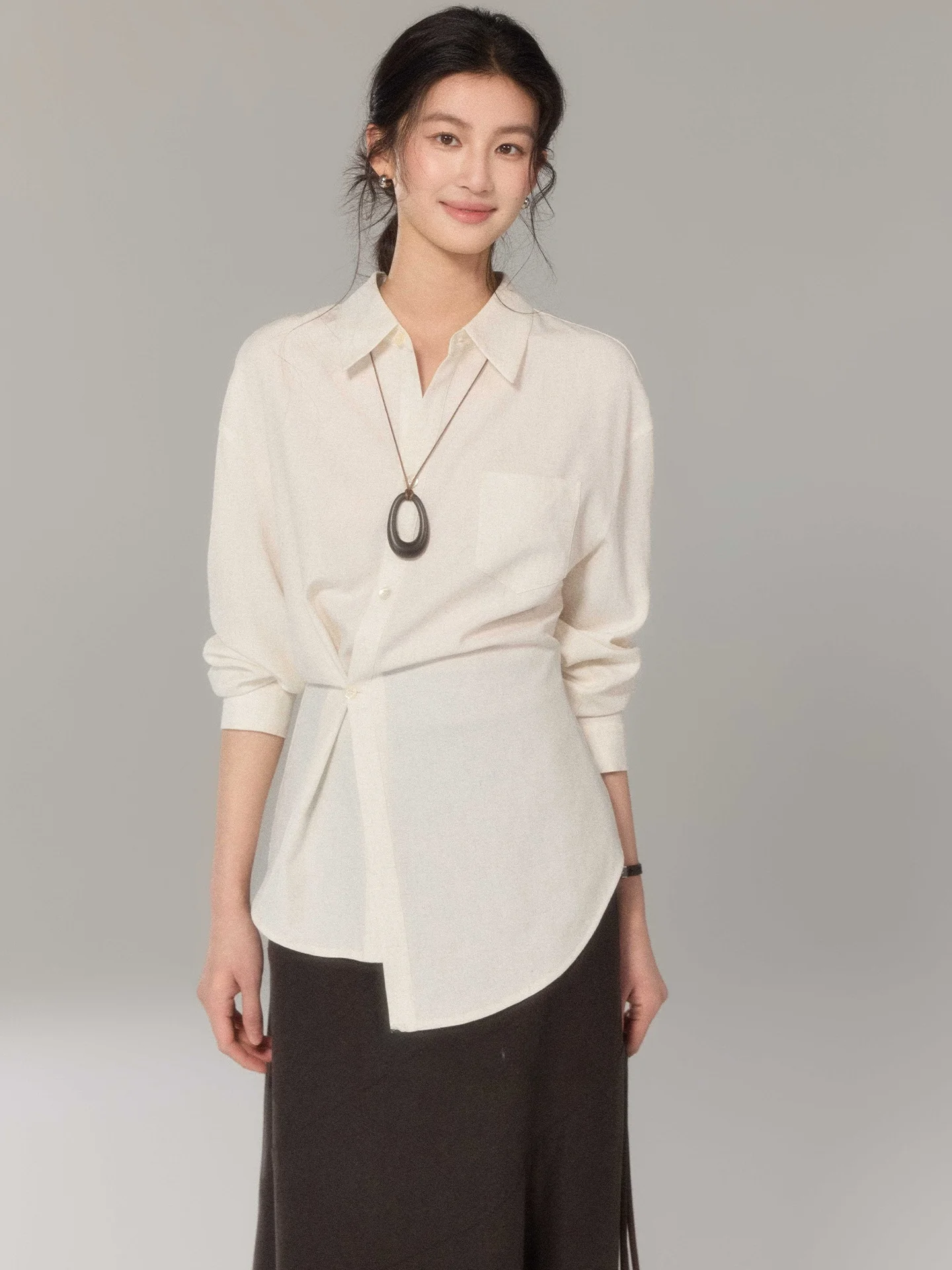

Loose Fit Long Sleeve Women's Shirt Design Twist White Commute Style Comfortable Polyester Blend Breathable Casual Shirt