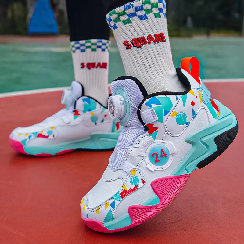 Fashion Colorful Kids Sneakers Boys Rotary Button Basketball Shoes Thick Sole Children Sports Shoes Non-slip Kids Trainers Shoes