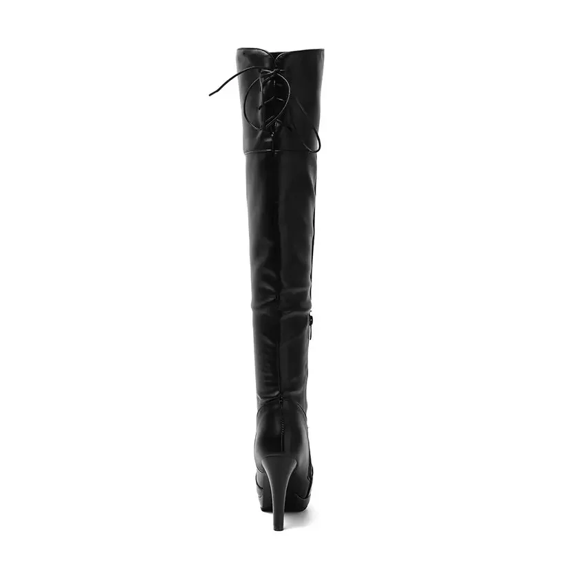 Winter Women Thigh-high Platform Boots High Spike Heels Black White Party Club Ladies Round Toe Zipper Sexy Long Over Knee Boots