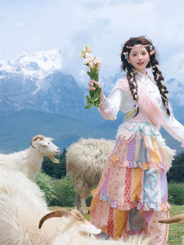 

Новый тибетский этнический костюм для танцев и фотосессий, женский, летний, из полиэстера