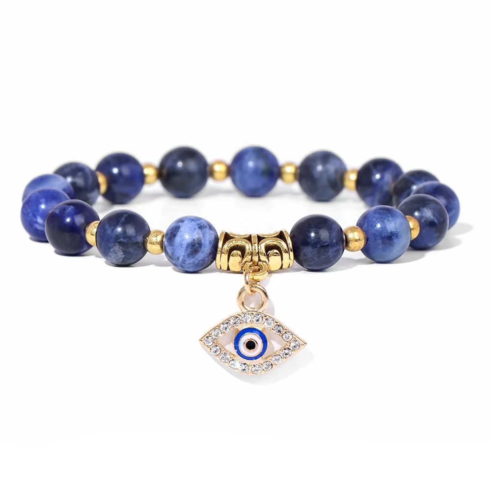 Blaue Sodalith Stein Perlen Armband Mode türkischen bösen Blick Charme Armreif Armband Glück Heilung Vermittlung Freundschaft Schmuck