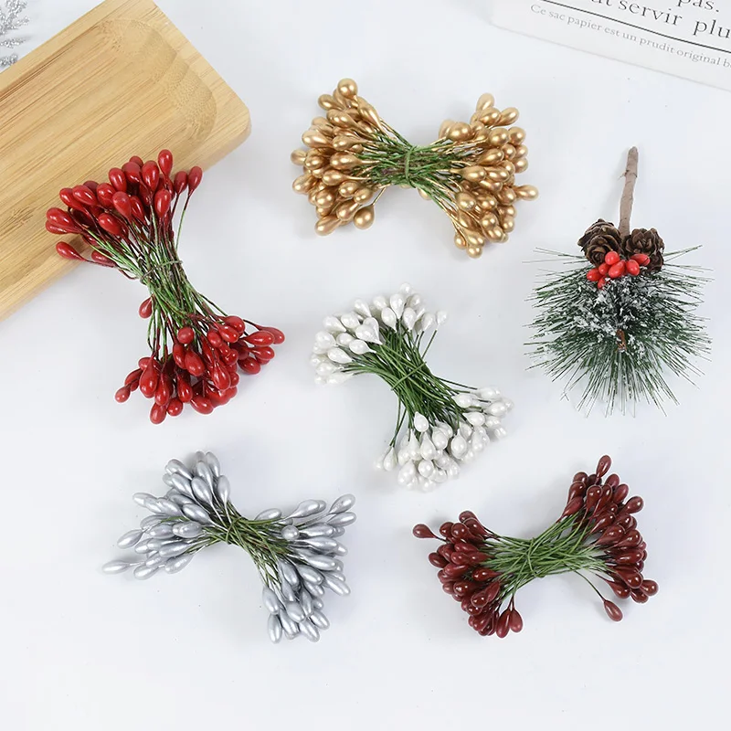 50PCS Gold/Red/Silver/White Double Heads Mini Flower Stamen Pistil Wedding Decoration DIY Christmas Scrapbooking Gift Box Craft