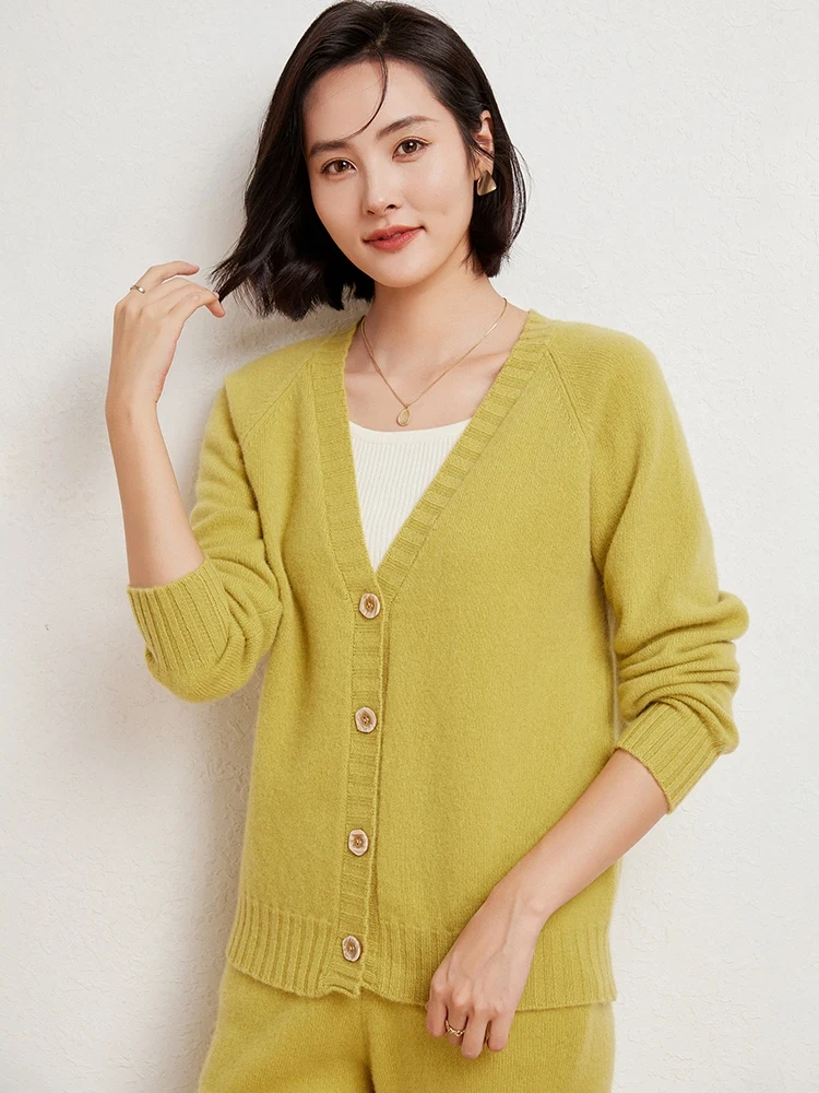 New Chic 100% Merino Wool Sweater Women V-neck Cardigan  Autumn Winter Warm Loose Cashmere Knitwear Soft Warm Fashion Tops