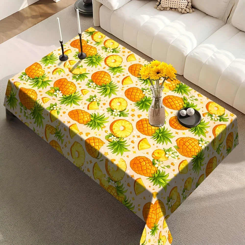 Tropical fruit pineapple printed tablecloth, featuring a fresh yellow-green pineapple and floral design.xzj