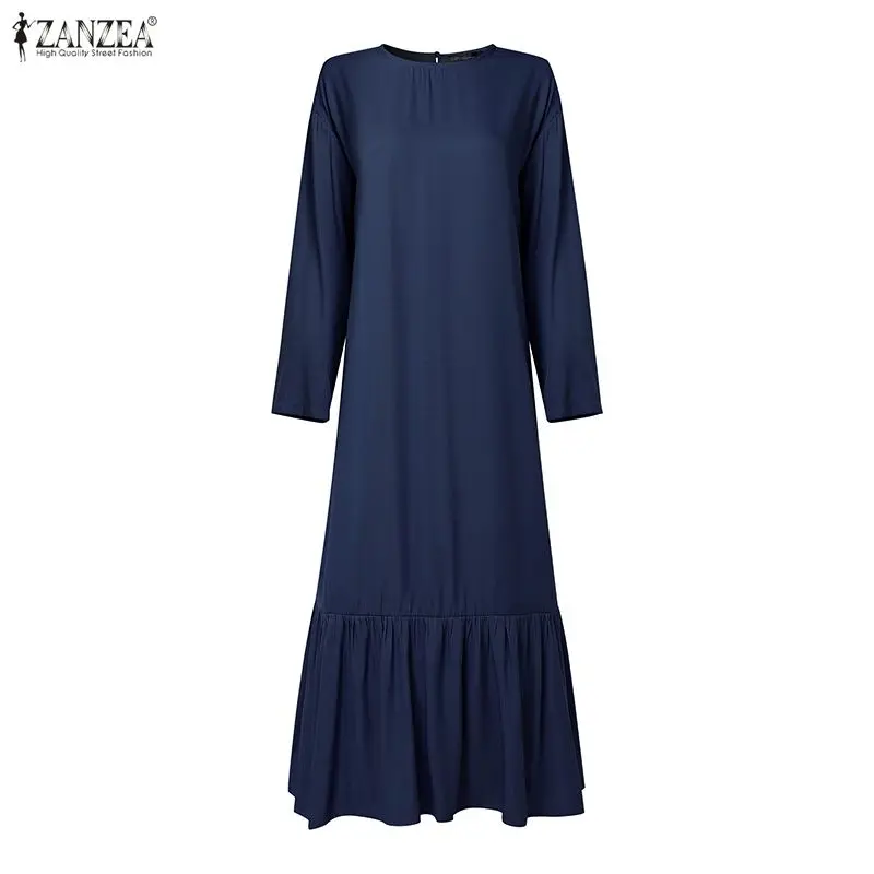 

Мусульманские модные платья макси ZANZEA, хиджабы, женские платья с эффектом денима, с круглым вырезом, длинными рукавами, с рюшами по низу, длинное платье, исламская абайя, женские робы