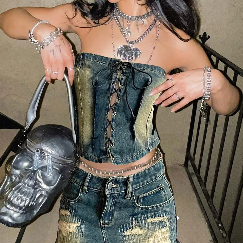 Sangle de poitrine enveloppée lavée et en détresse, corset nombril exposé, jupe taille haute brossée ultra courte, ensemble en denim sexy pour fille épicée