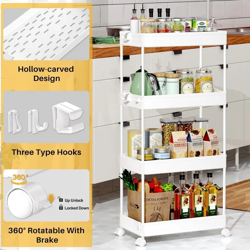 4-Tier Mobile Shelving Unit, Bathroom Rolling Cart Utility Storage Organizer Shelf for Kitchen Living Room Bathroom