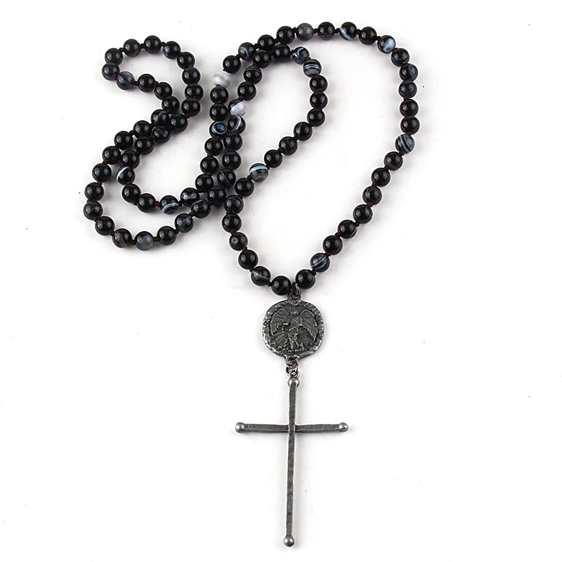 Fashion Bohemian Jewelry Accessory 8mm Beaded Stone Knotted Black Metal Cross Pendant Necklaces For Women Festival Gift