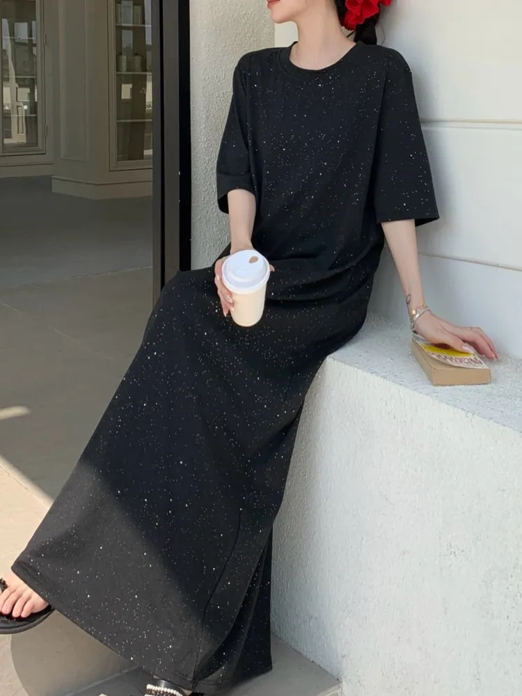 Vestido negro largo suelto con camiseta para mujer, vestido de verano de gran tamaño para mujer, vestido coreano elegante Viatage, Vestidos para mujer