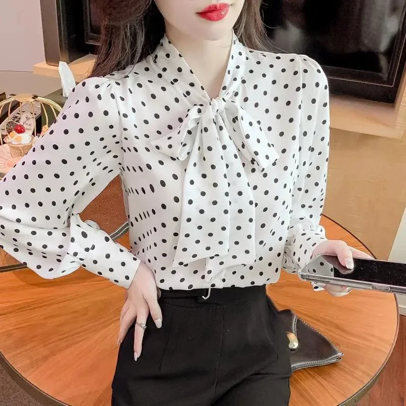 2022 New Autumn Korean Elegant Polka Dot Printed Bow Chiffon Shirt for Women Casual Long Sleeve Loose Office Lady Blouse Top 4XL