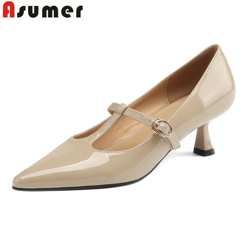 

ASUMER 2024 New Genuine Leather Shoes Women Pumps Mary Janes High Heels Shoes Pointed Toe Thin Heels Ladies Party Wedding Shoes