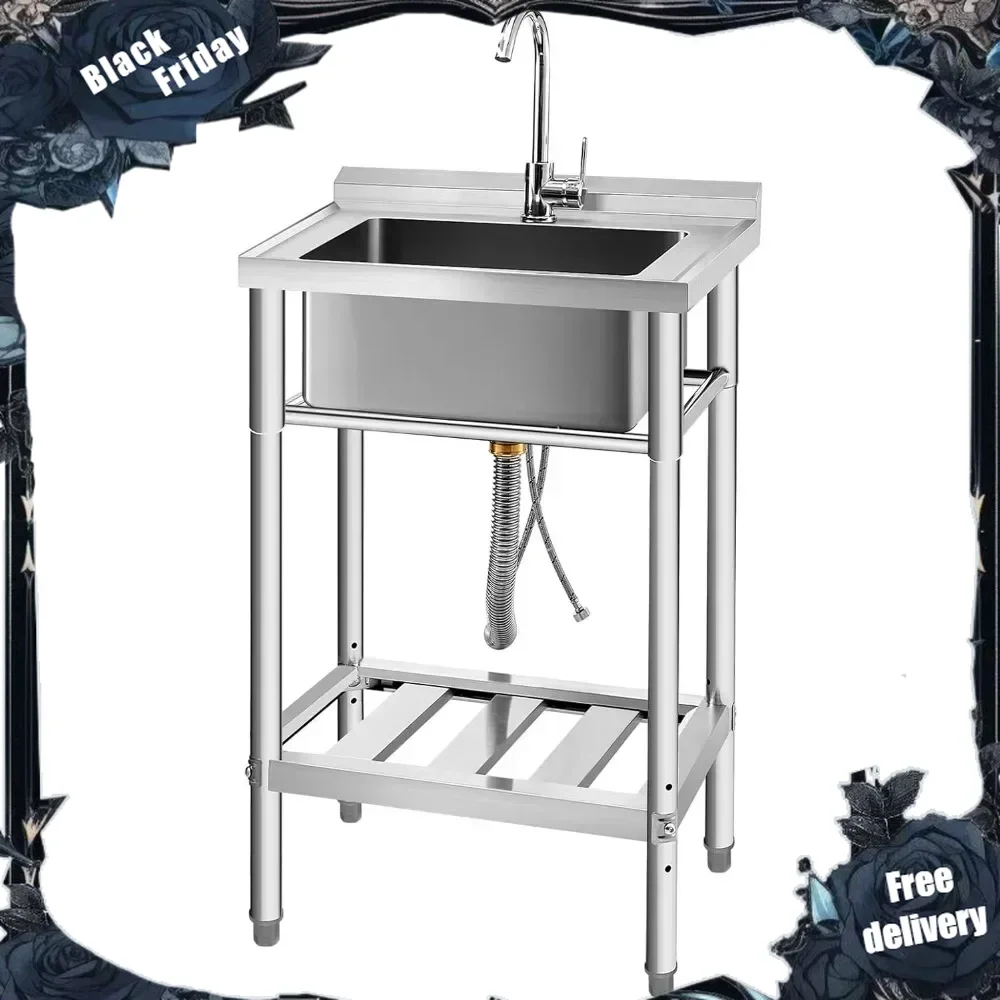 Stainless Steel Utility Sink, Free Standing Single Bowl Kitchen Sink with Cold and Hot Water Pipe for