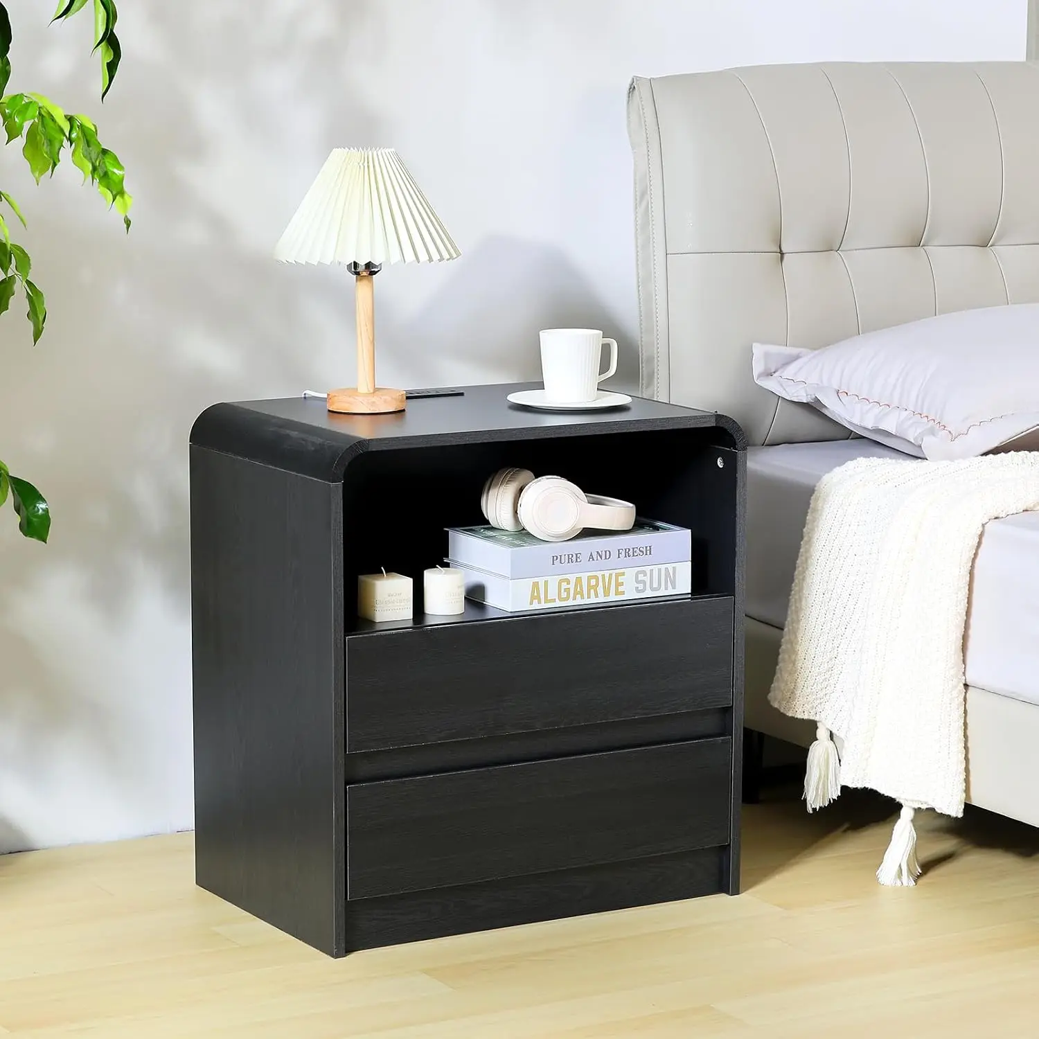Modern Nightstands Set of 2, Black Night Stand with Charging Station, Wood End Table with 3 Drawers, 23.6'' Wide , Customized