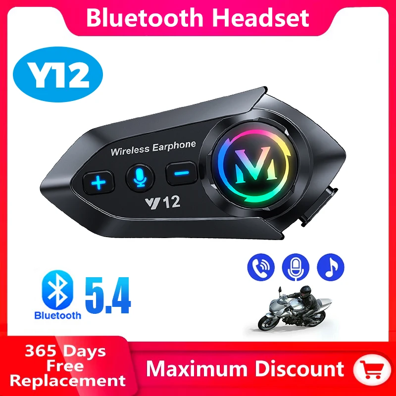 Y12 Motorcycle Helmet Headset Bluetooth V5.4 IP56 Deep Waterproof CVC+DSP Noise Reduction Connect 2 Mobile Phone Battery 500mAh