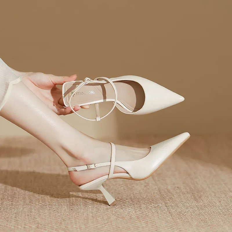 YuanHuiTongSummer أحذية النساء أشار تو كعب رقيقة النساء الصنادل أحذية من الجلد الحقيقي للنساء Slingback أنيقة عالية الكعب P